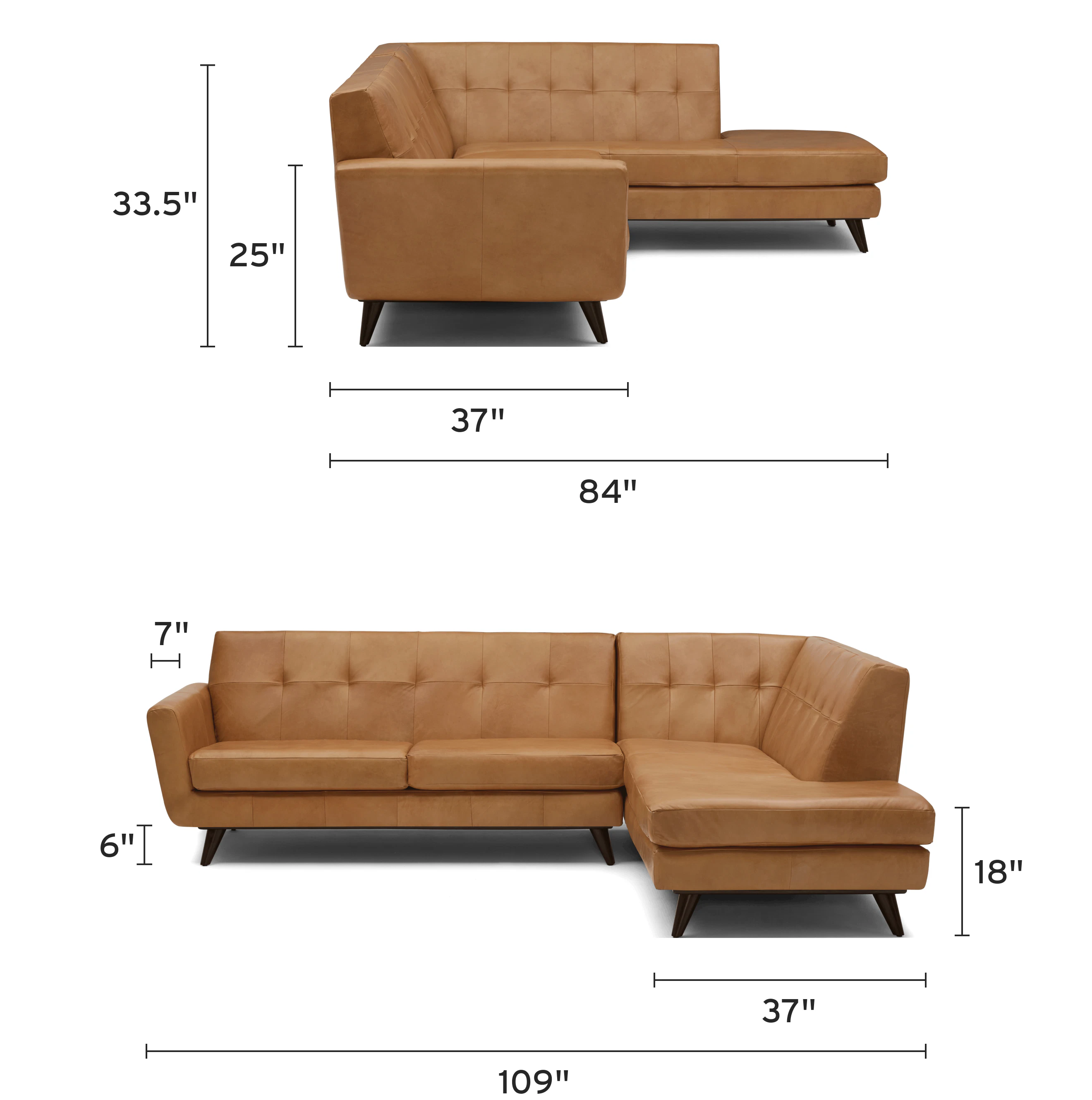 hughes leather sectional with bumper piece) mobile dimensional image