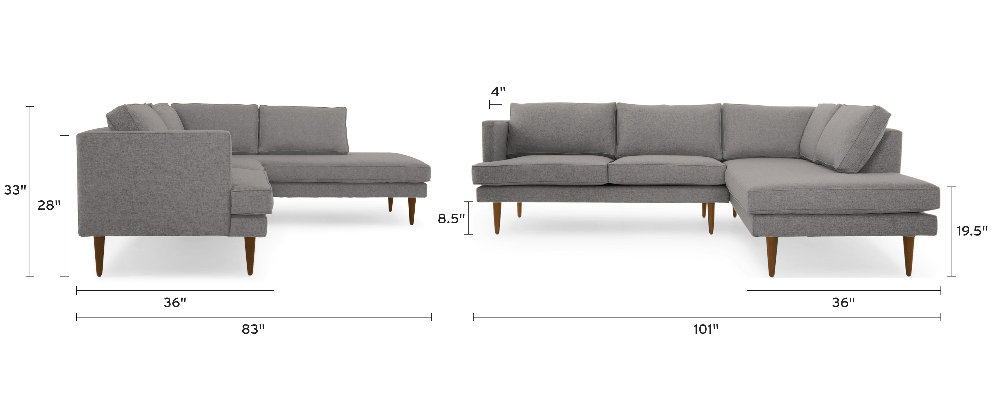 preston sectional with bumper piece) dimensional image