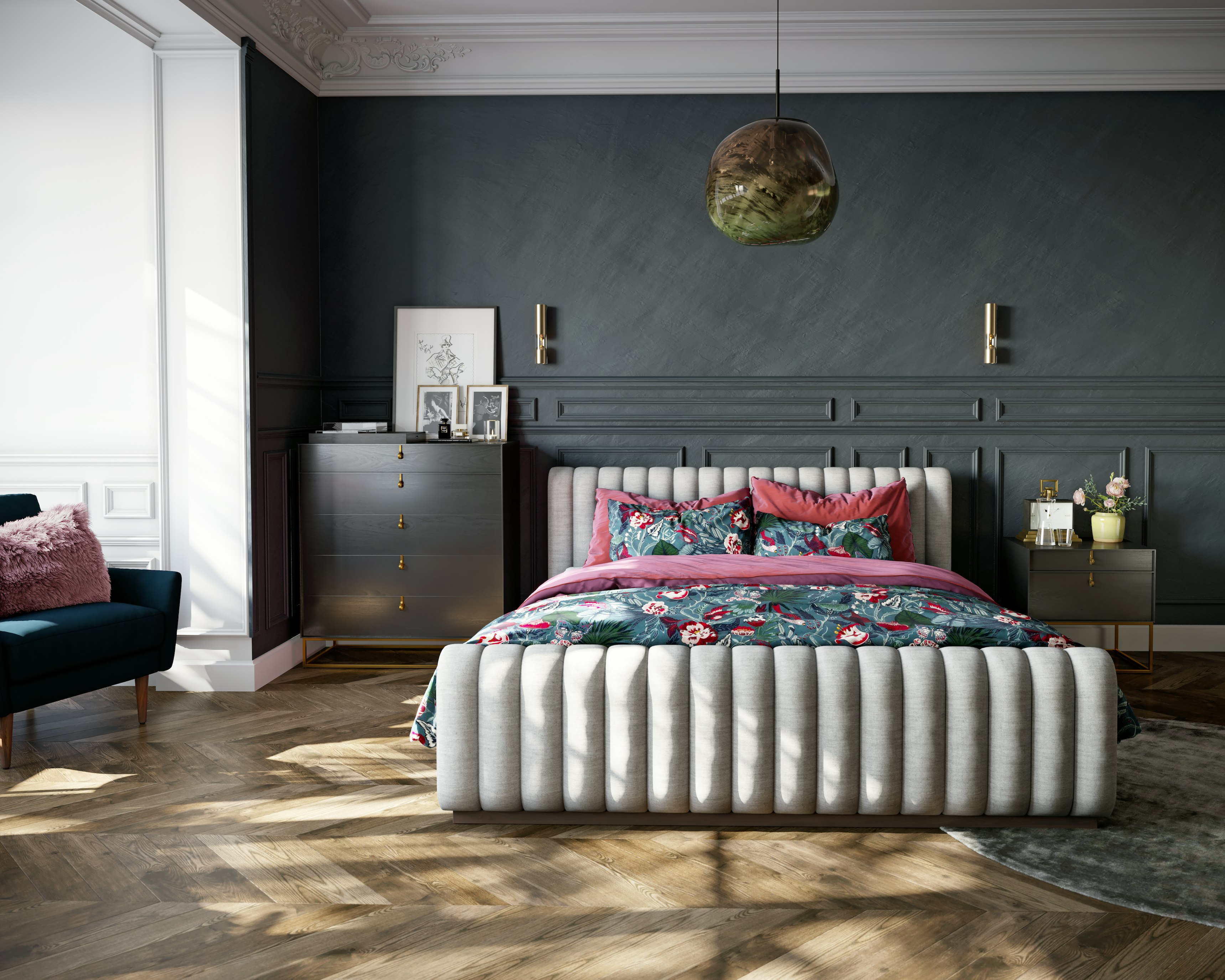 Camille bed sunbrella premier fog scene Bed front final