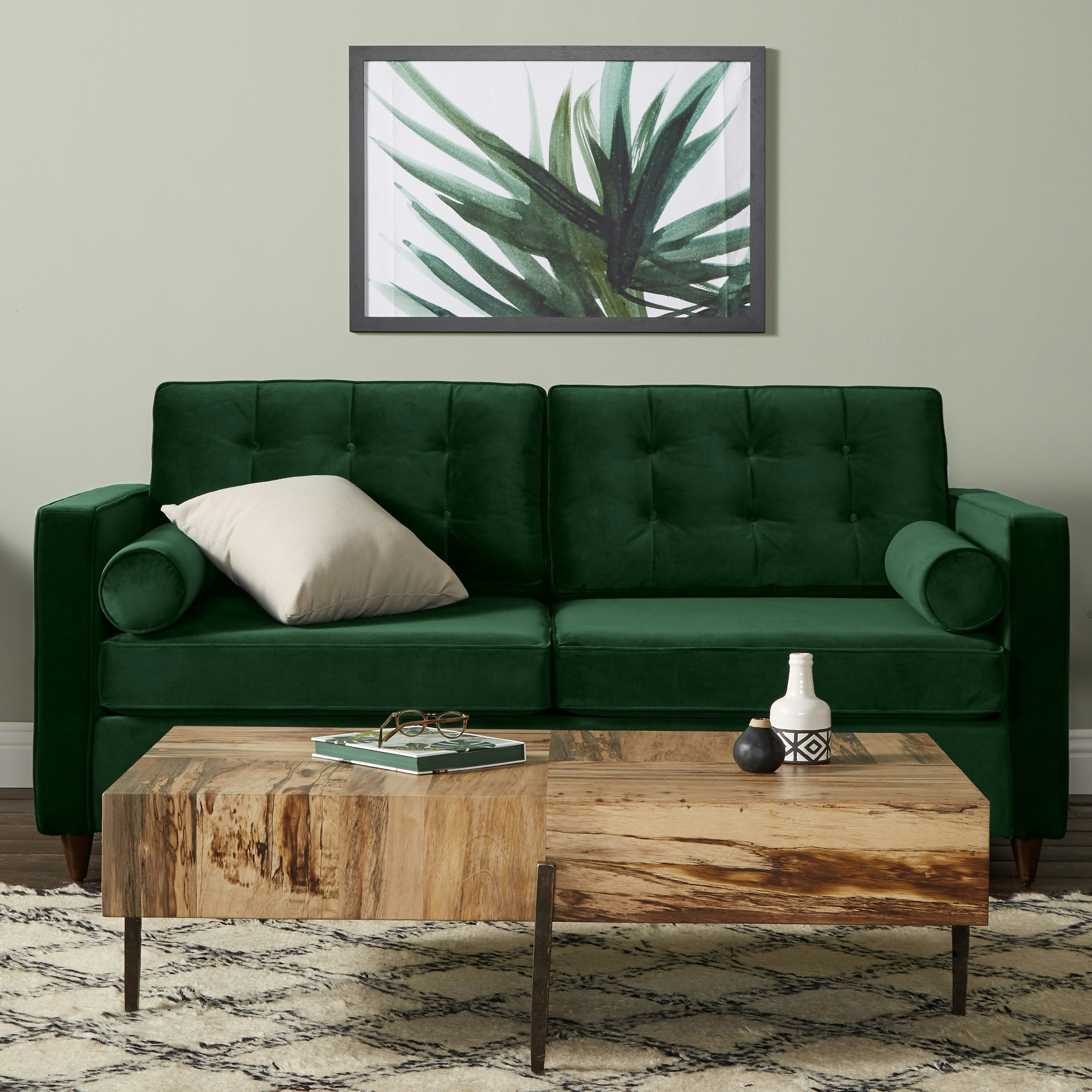 Button tufting and matching bolsters brings retro elegance into your space with this Mid-Century inspired collection.