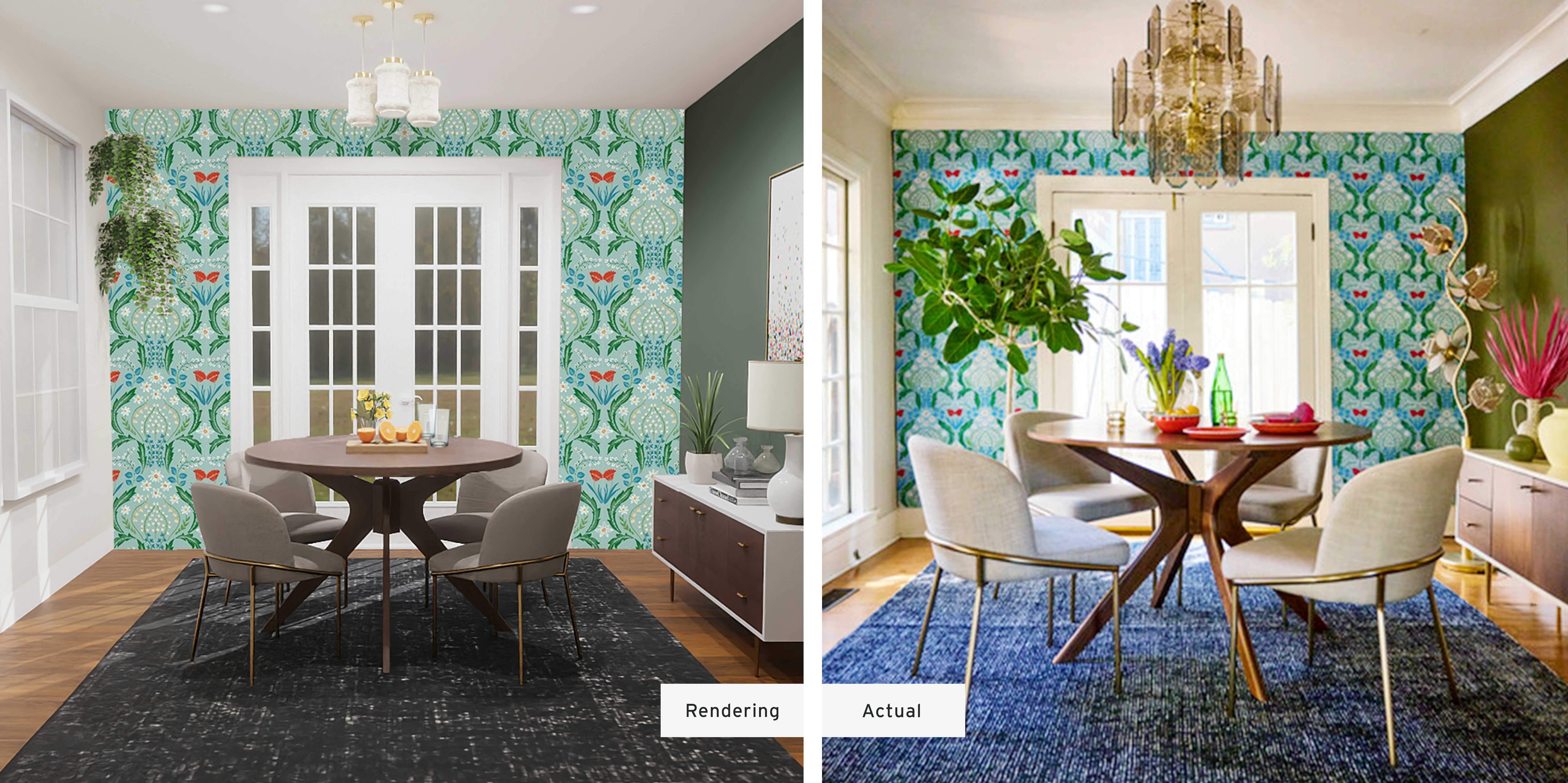 Side-by-side images of an illustrated room plan, then the finished dining room with teal wallpaper, white french doors, a blue rug, a wooden table, and white fabric chairs with gold metal legs